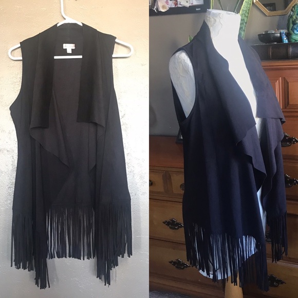 Decree Tops - Black Waterfall Faux Suede Fringe Vest Festival